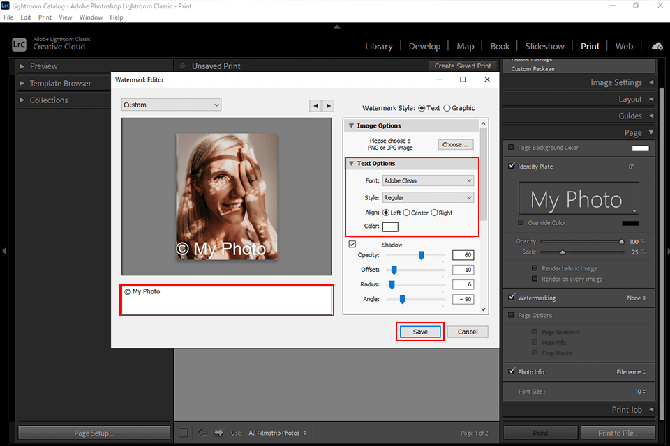 كيفية إضافة نص في خيارات lightroom