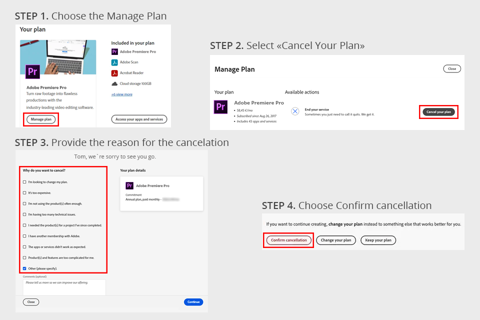 how to cancel adobe premiere pro plan