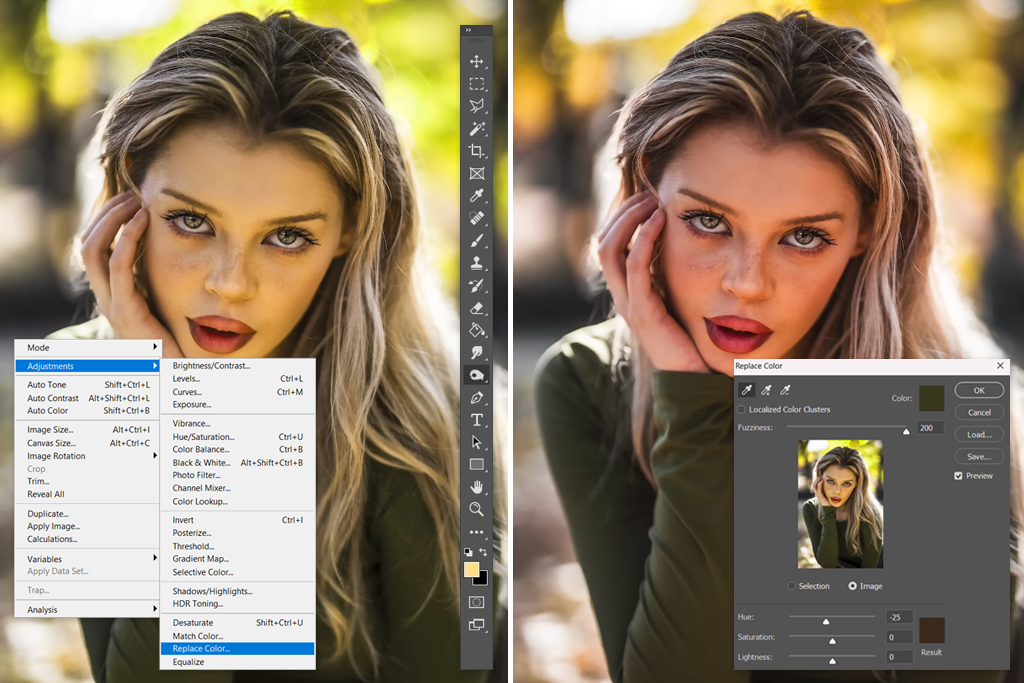 how to get rid of one color in photoshop with replace color command