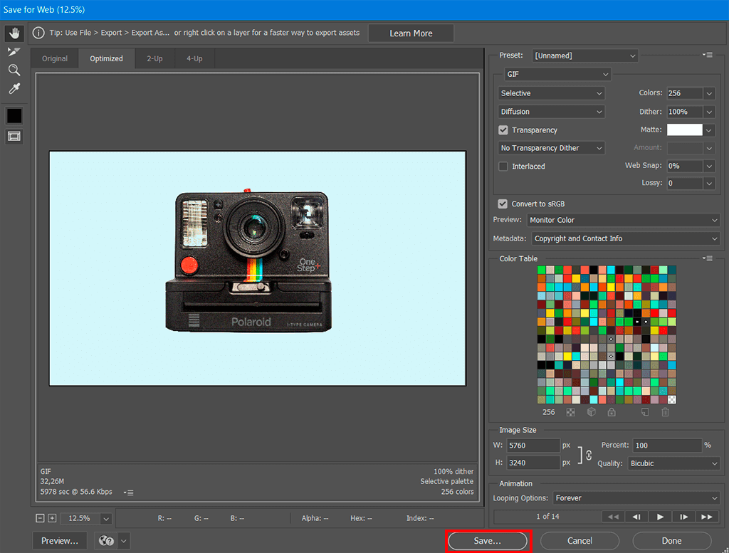 how to make a gif from product images save for web settings