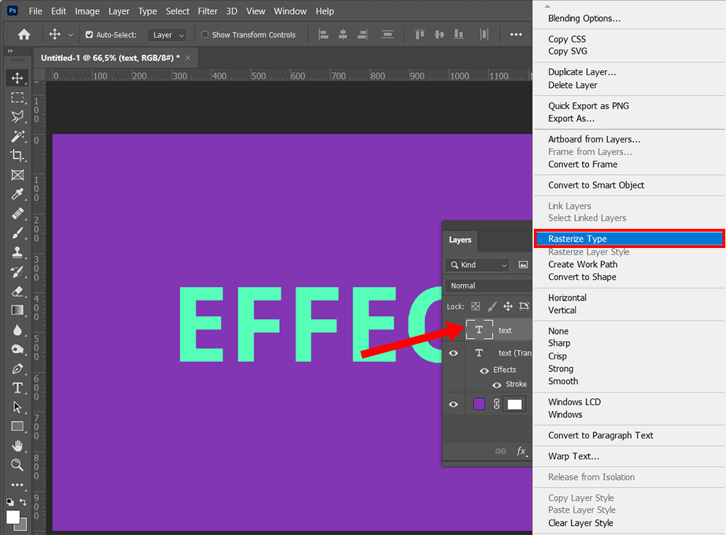 how to outline text in photoshop rasterize