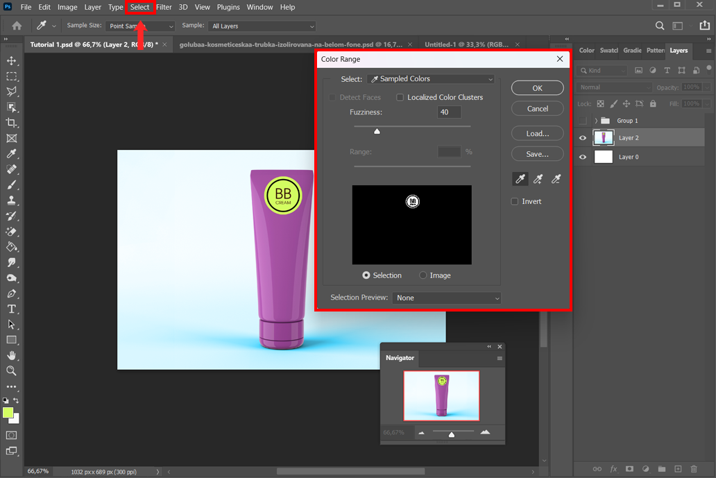 how to remove a color in photoshop with color range tool