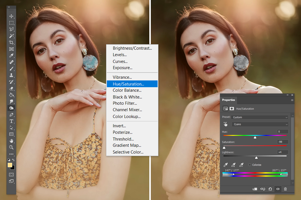 how to remove all of one color in photoshop with hue saturation
