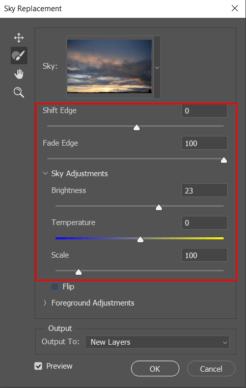 how to replace the sky in photoshop 2021 adjust the settings