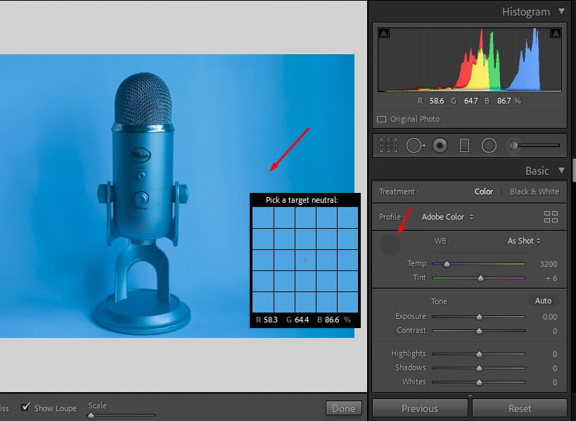 how to use white balance card in lightroom eyedropper tool