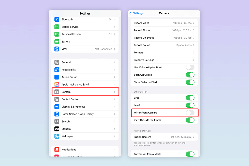 how to change camera invert on iphone