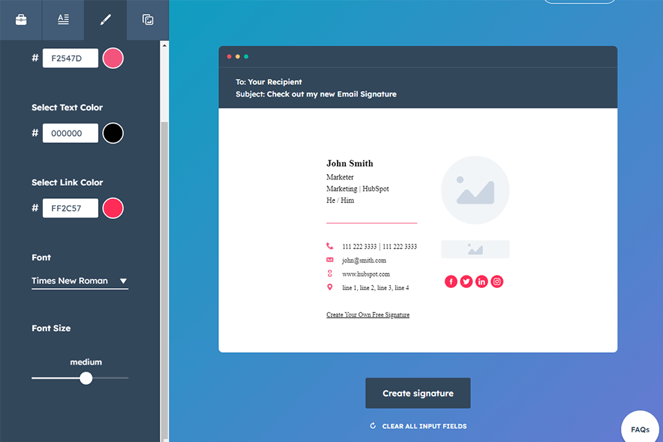 hubspot email signature generator interface