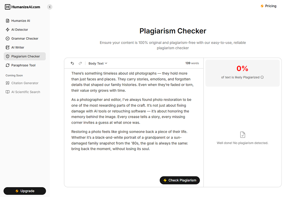 humanizeai plagiarism checker