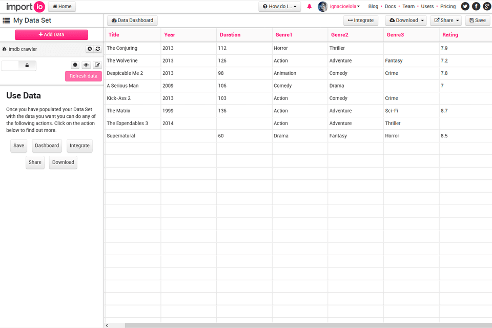 import.io инструмент для сканирования сайта интерфейс