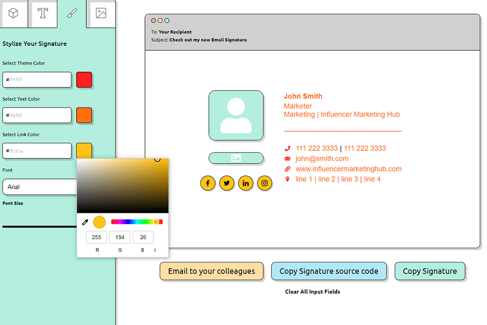 influencer marketing hub email signature generator interface