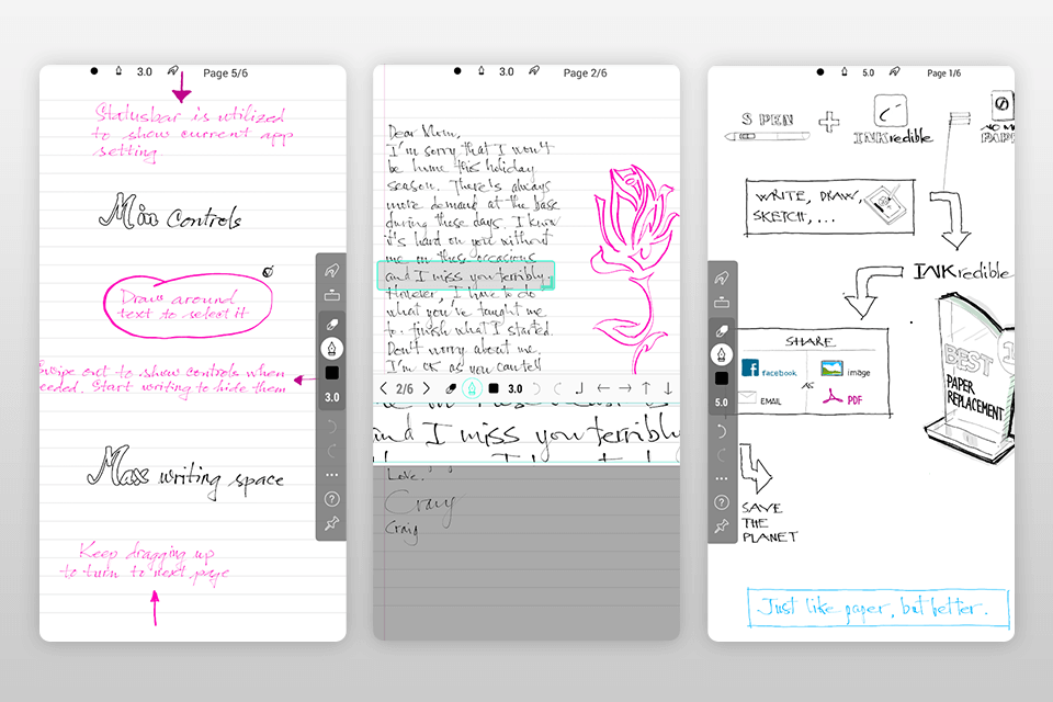 inkredible writing app for android interface