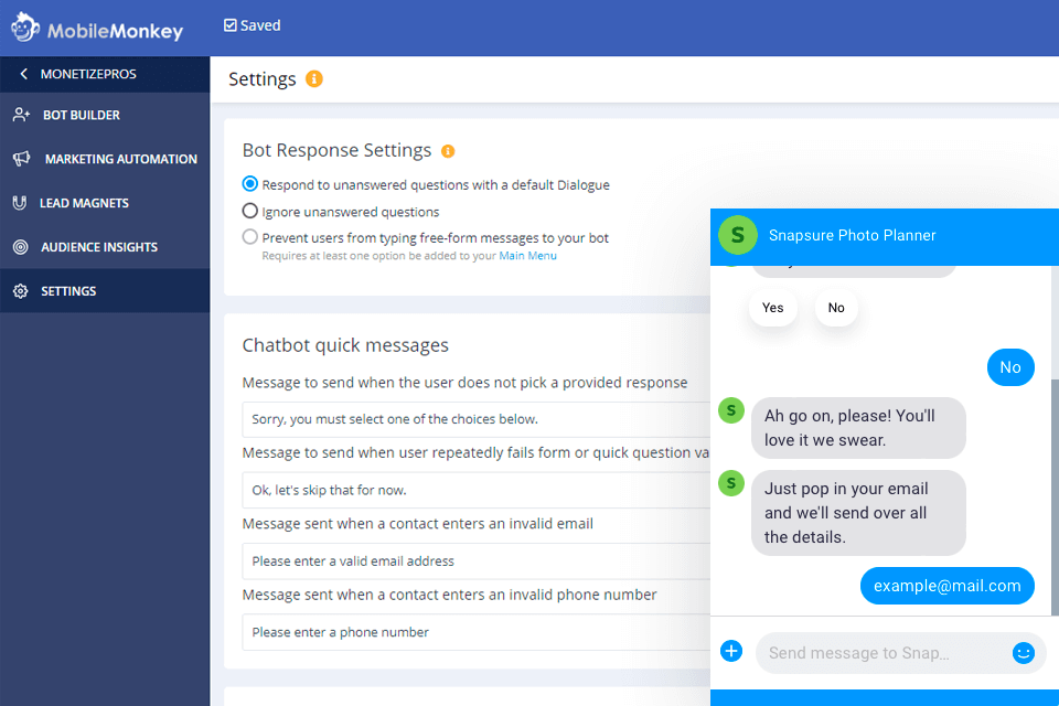 mobilemonkey chatbot builder interface