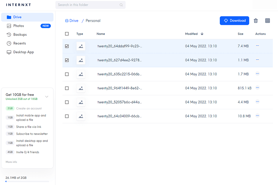 internxt almacenamiento en la nube para la interfaz de fotos
