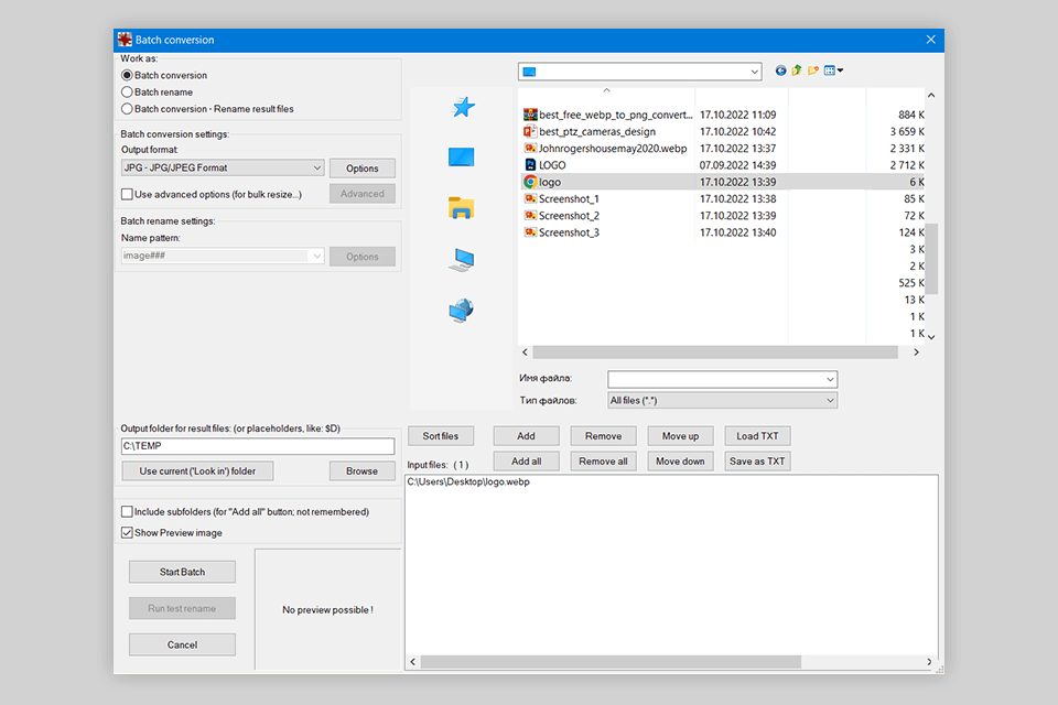 irfanview free webp to png converter interface