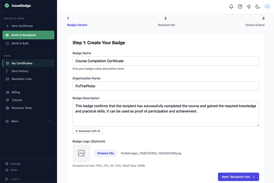 issuebadge free certificate makers