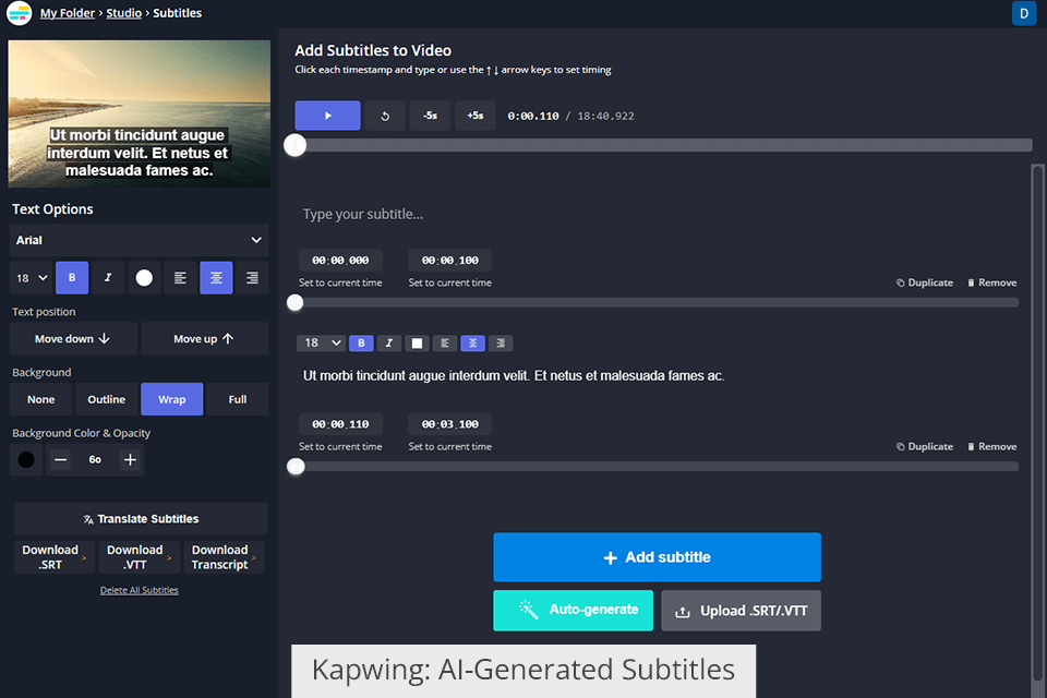 kapwing interface subtitle editor