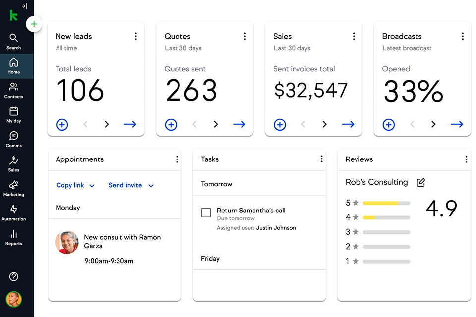 keap customer management software interface