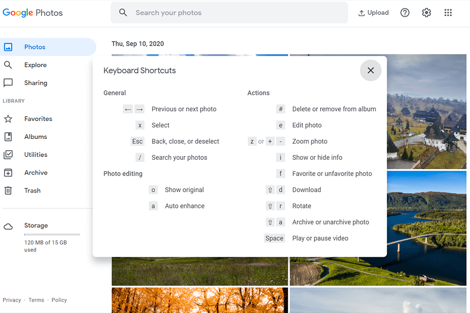 google photos tips keyboard shortcuts