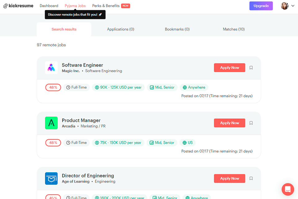kickresume find job option