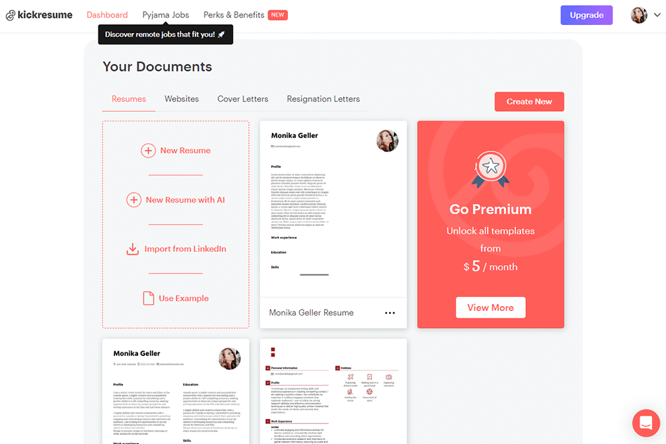 kickresume interface example