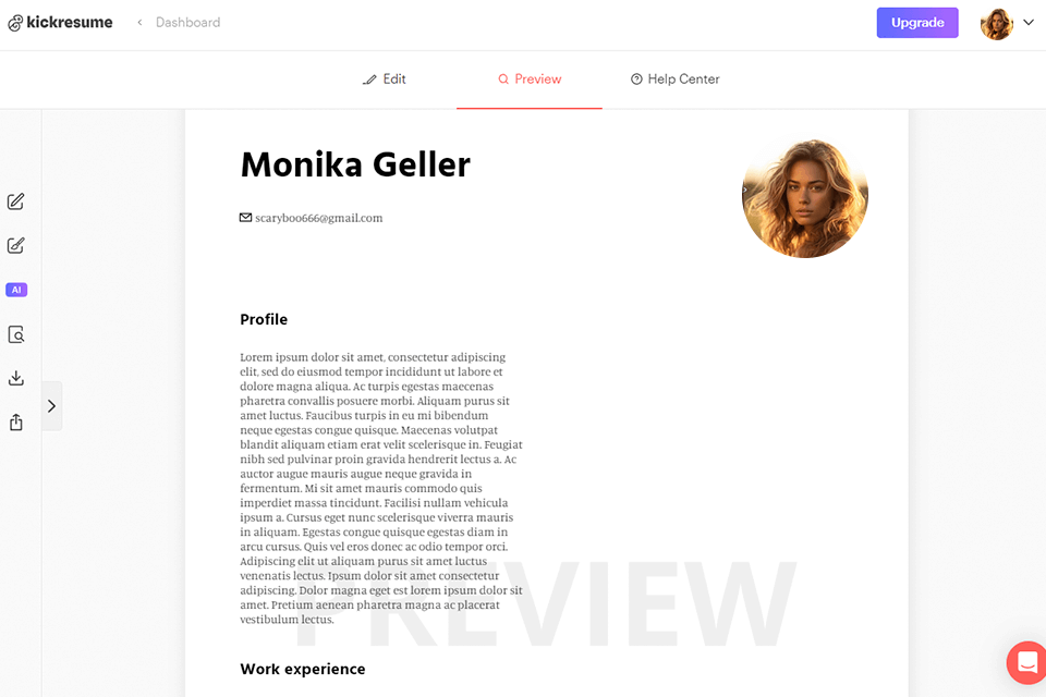 kickresume resume writing software interface