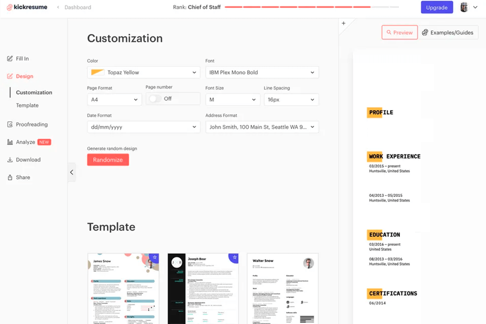 kickresume tool interface