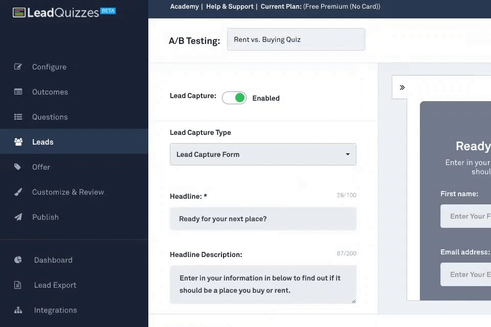 leadquizzes interfaz del creador de cuestionarios en línea