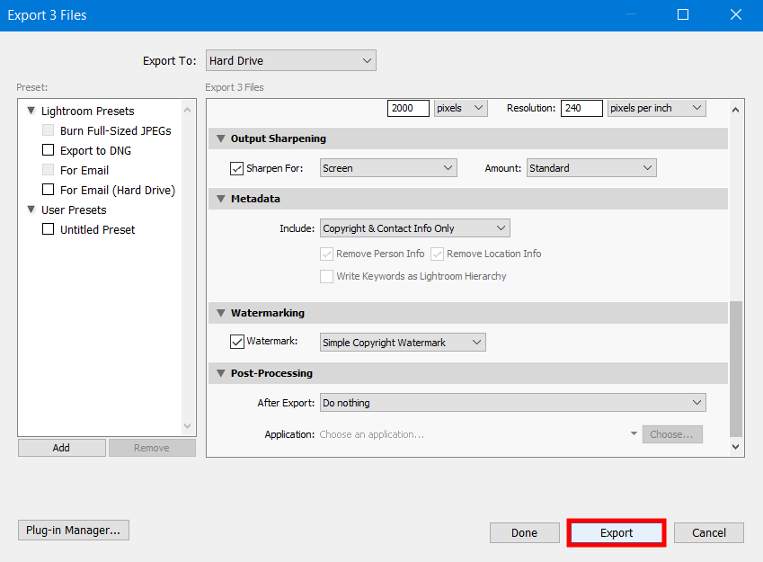 lightroom export settings for facebook and instagram export button