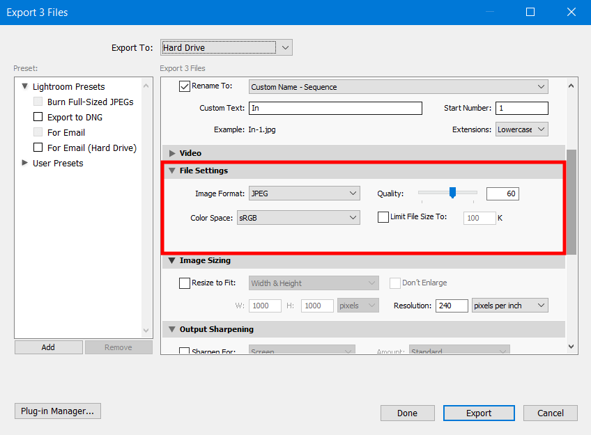 lightroom export settings for facebook and instagram file settings