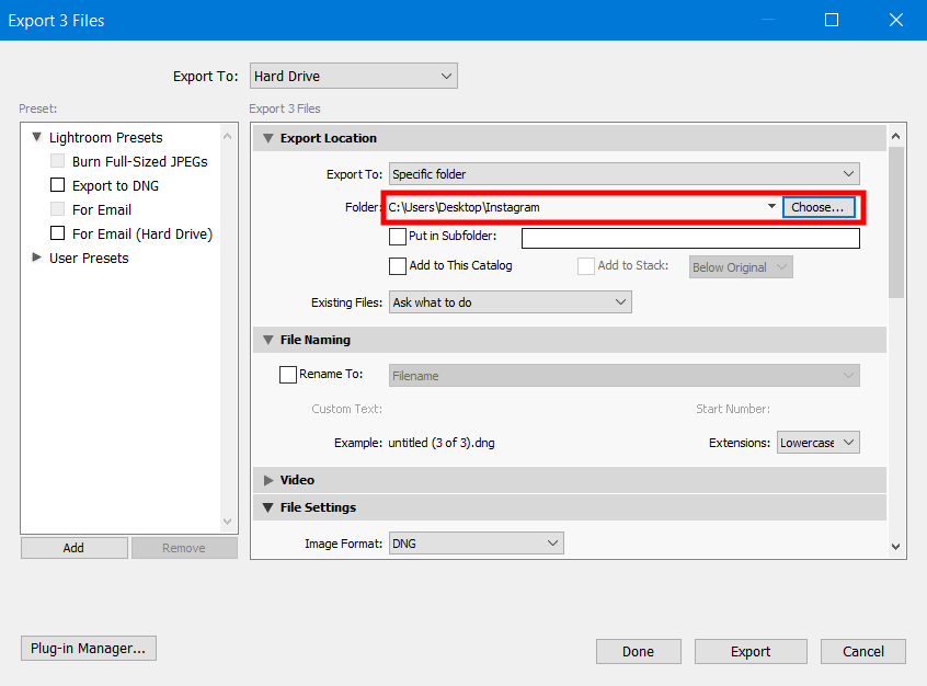 lightroom export settings for facebook and instagram folder creation