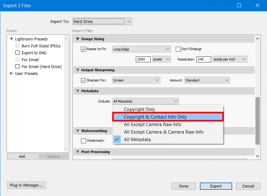 lightroom export settings for facebook and instagram metadata