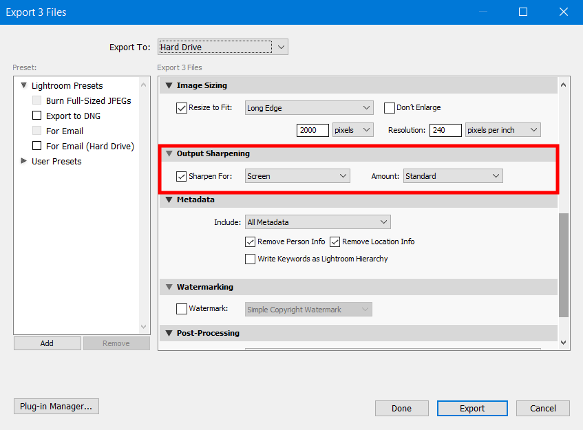 lightroom export settings for facebook and instagram sharpening