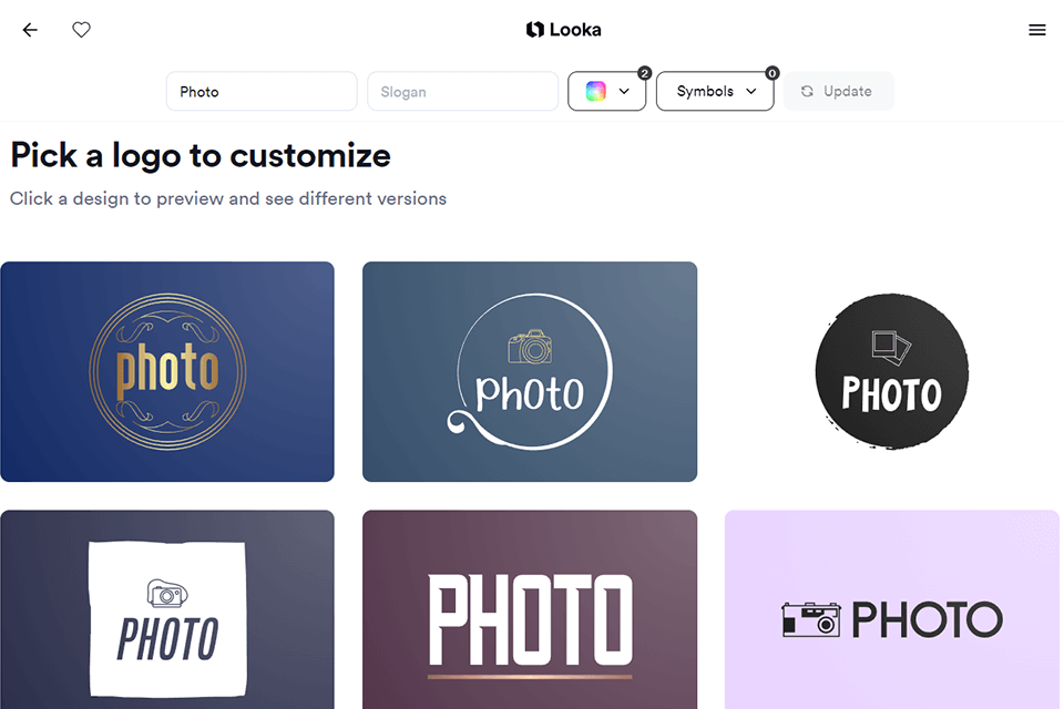 looka photography logo maker website interface