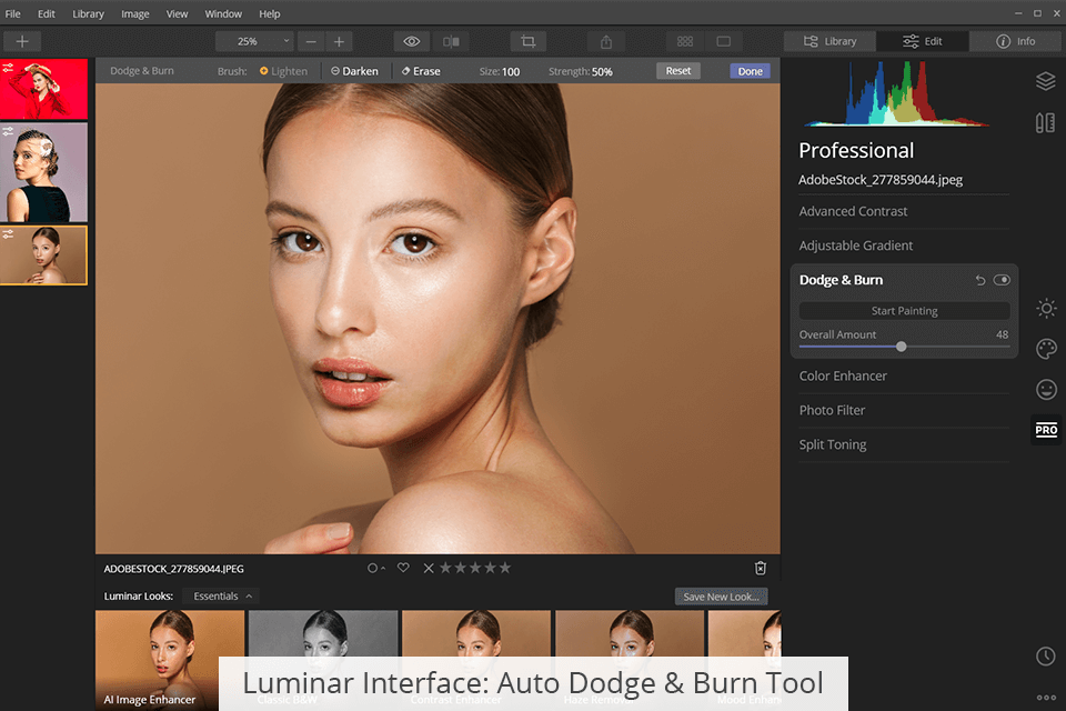 واجهة luminar auto dodge & burn أداة