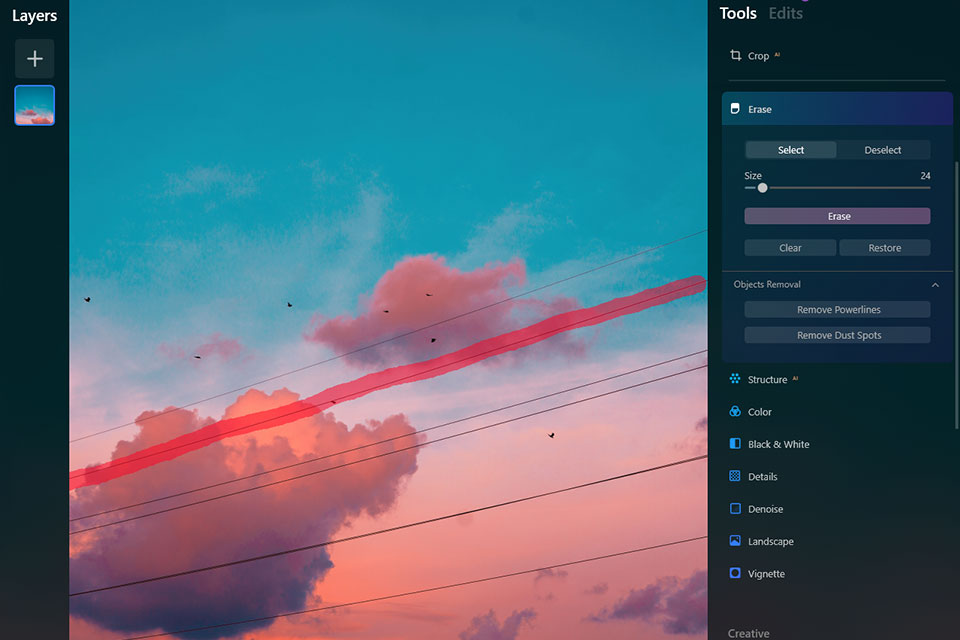 luminar neo feature remove power lines