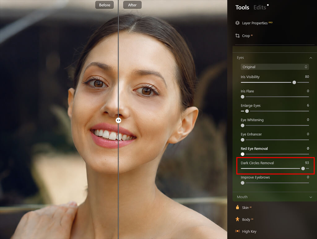 luminar neo tutorial to remove dark circles under eyes slider