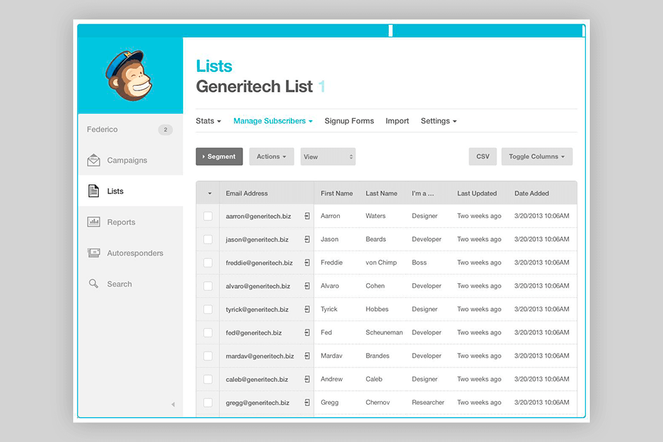 mailchimp واجهة برنامج الرسائل الإخبارية