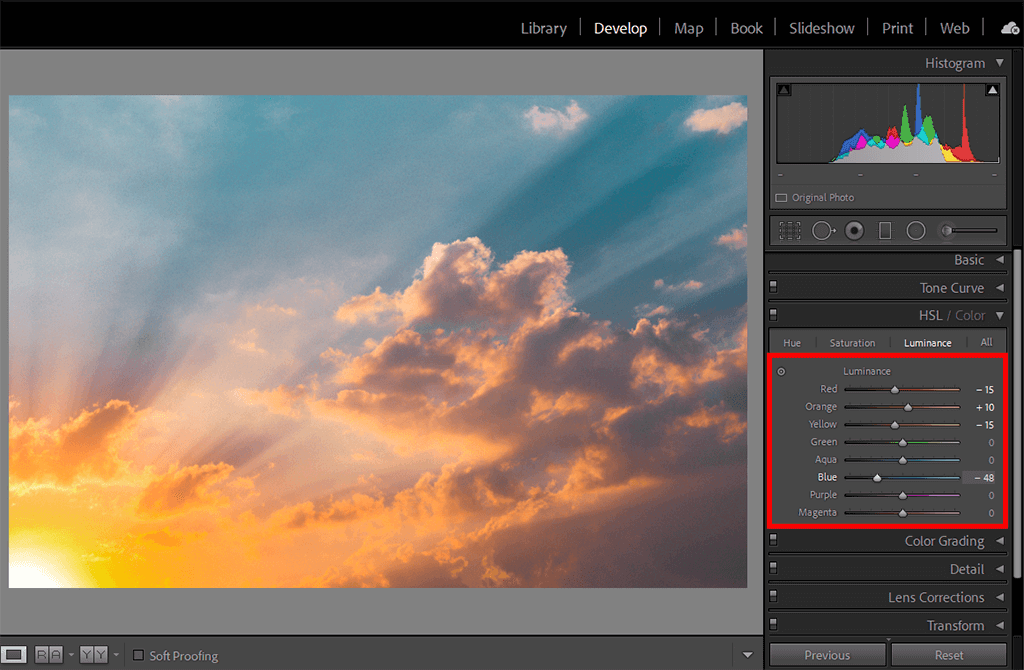 make a picture dark with hsl color panel in lightroom
