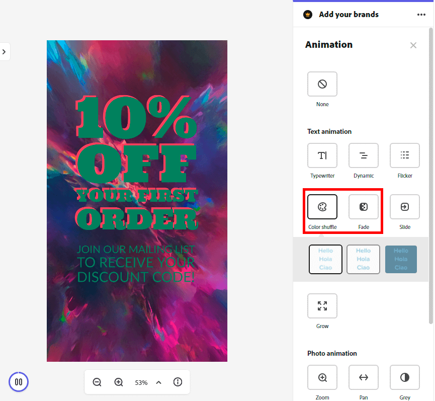 making a picture animation in cc express appearance style of text