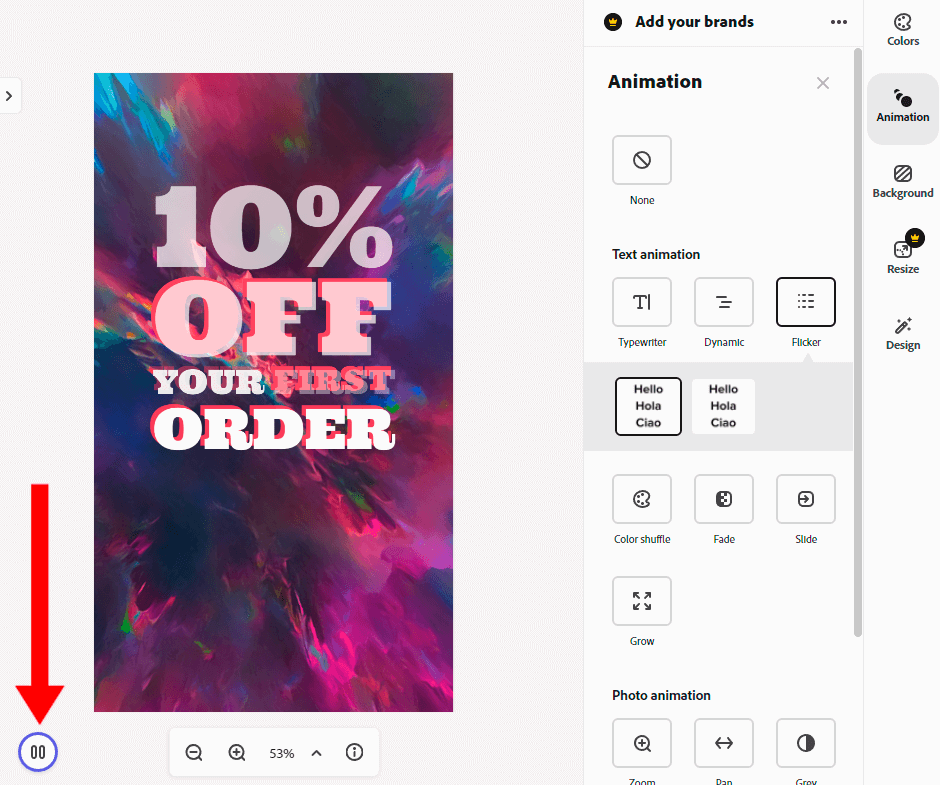 making a picture animation in cc express pause the animation
