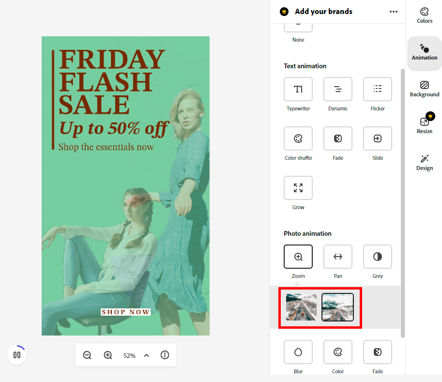 making a picture animation in cc express pick suitable action