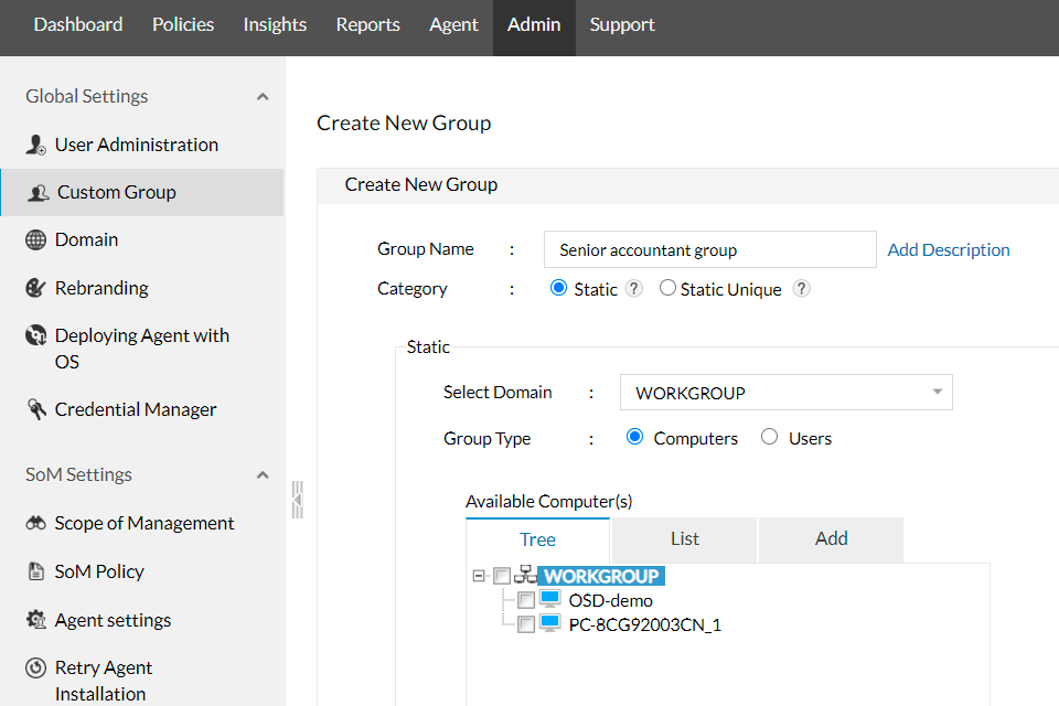 manageengine device control plus data loss prevention software interface