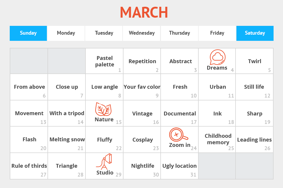 365 Photo Challenge Ideas Monthly Calendar