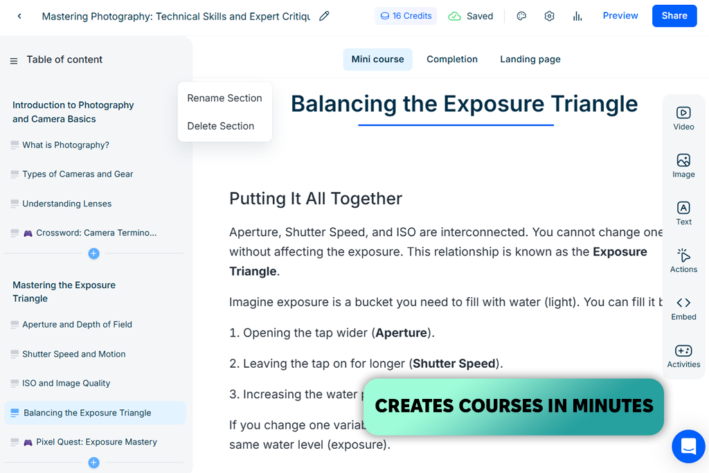 mini course generator interface