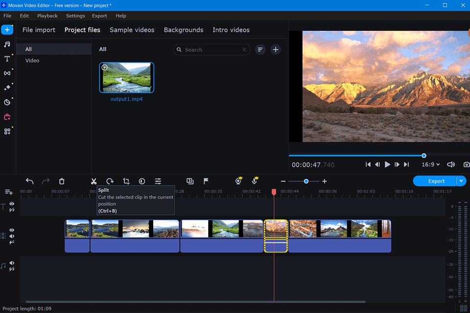 movavi video editor interfaccia di taglio video