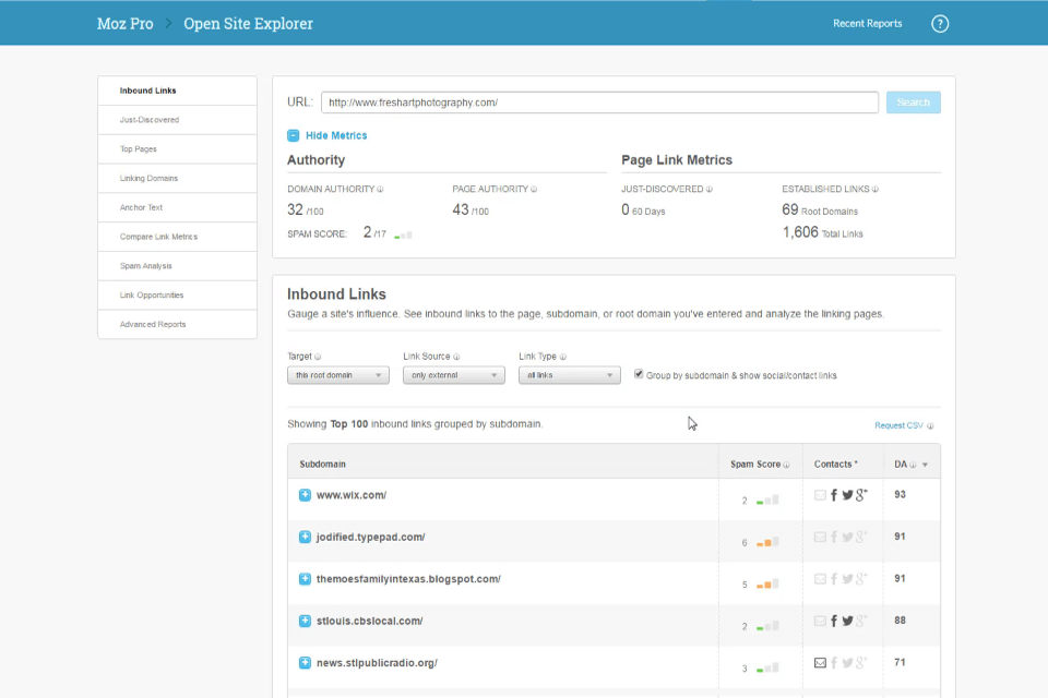 moz website spidering software interface