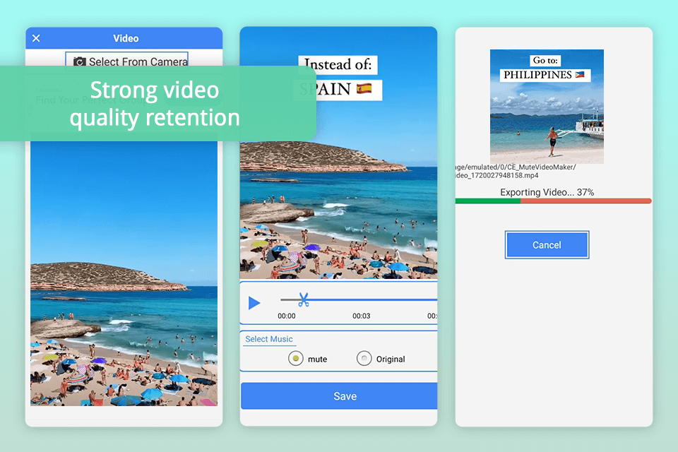 mute video silent video remove audio from video app interface