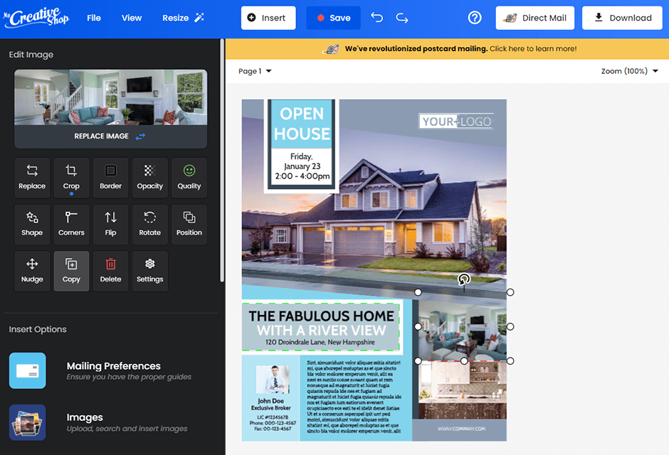 mycreativeshop postcard design software interface