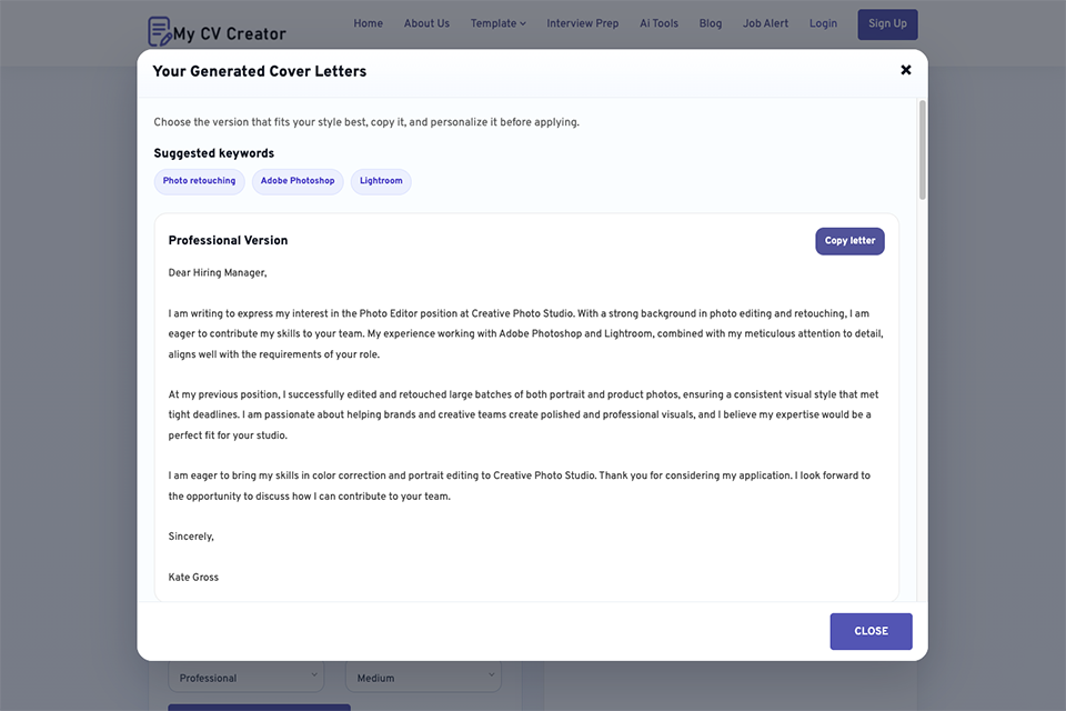 mycvcreator ai cover letter generator