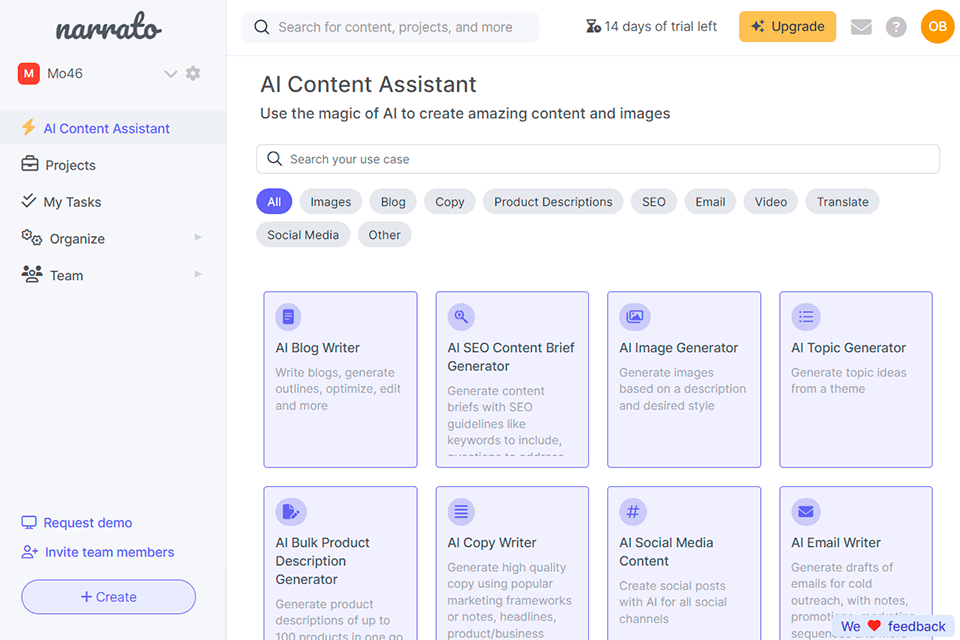 narrato ai generative ai tool interface